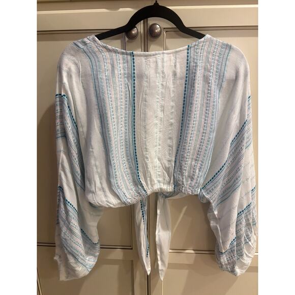 LSPACE White/Blue Tie-Front Balloon Sleeve Crop Top Boho Size Small 2-8 NEW - Picture 4 of 8
